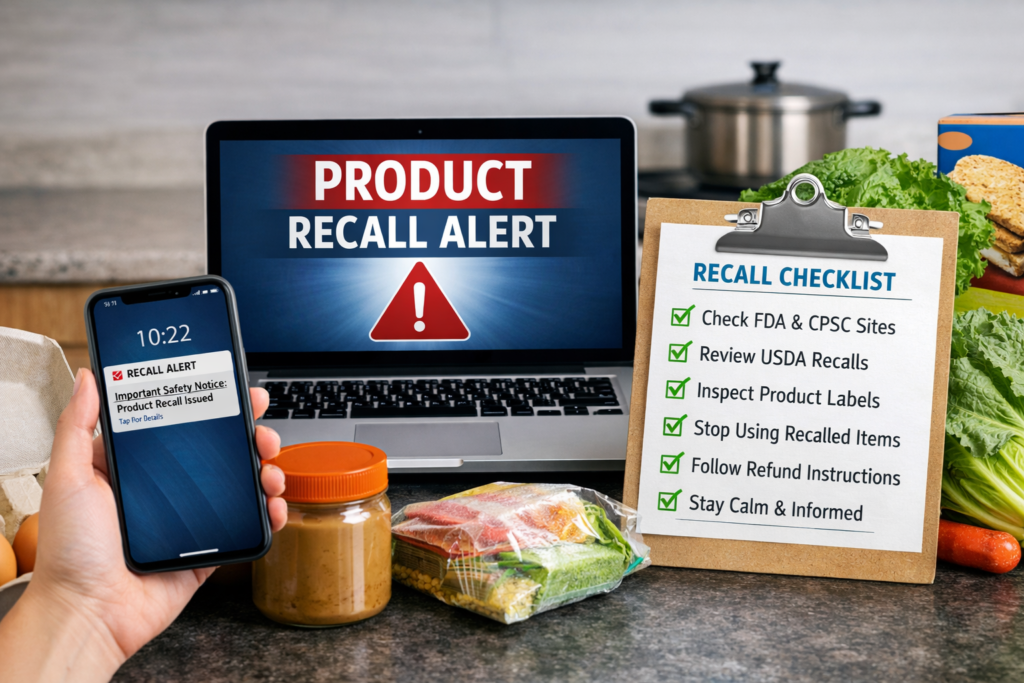 Product recall alerts checklist with laptop and phone showing recall notification in a kitchen setting