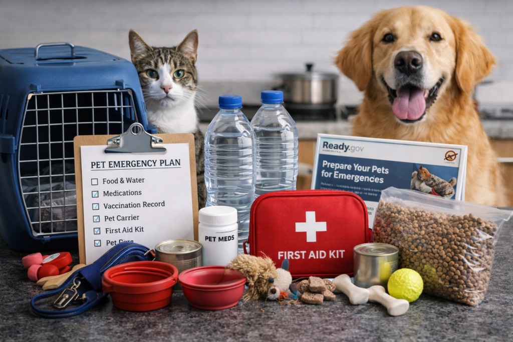 Pet emergency preparedness kit with food, water, carrier, and first aid supplies for dogs and cats