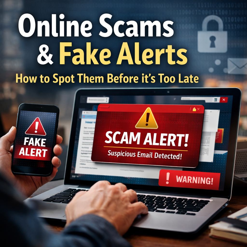 Online scams and fake alerts warning on laptop and phone showing scam alert message