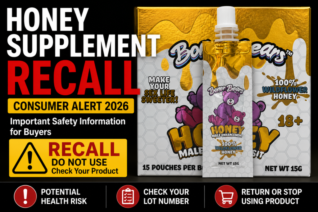 Honey Supplement Recall 2026 alert featuring Boner Bears Wildflower Honey male enhancement product packaging and consumer warning notice