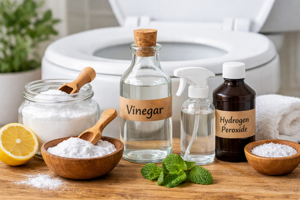 natural ingredients like baking soda and vinegar used to keep toilet bowl clean naturally