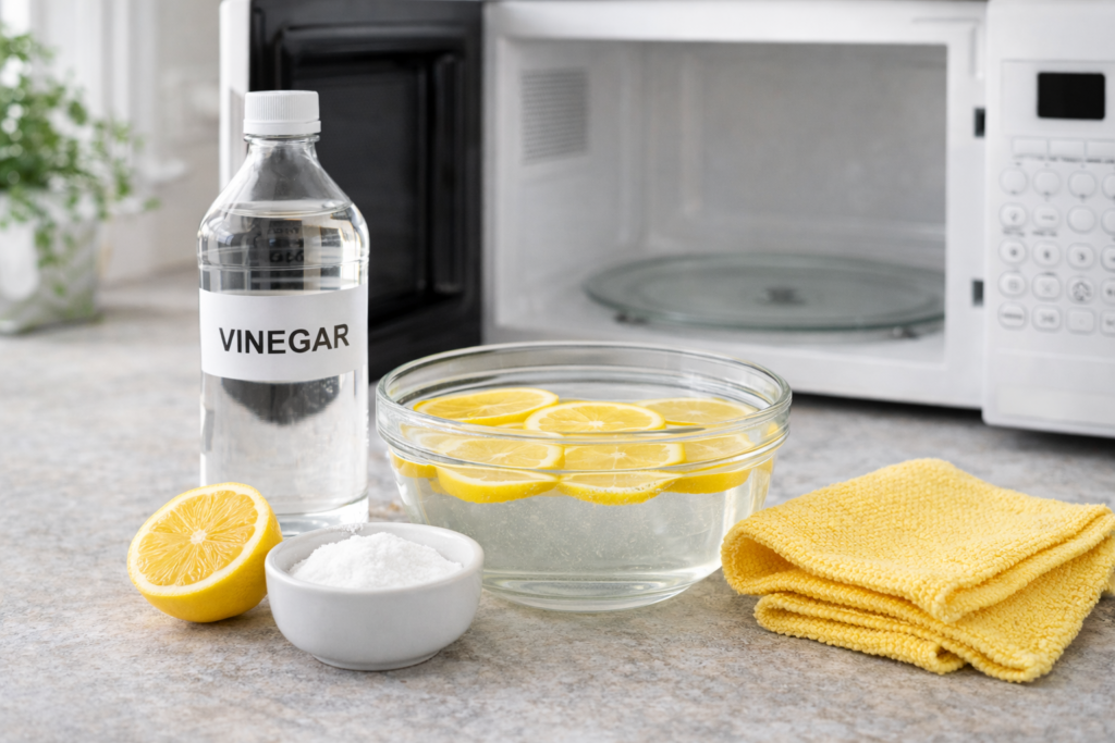 clean microwave naturally using lemon, vinegar and baking soda cleaning ingredients
