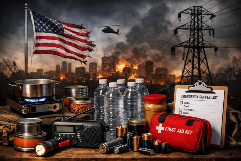 family preparing emergency supplies during a power grid failure in the United States