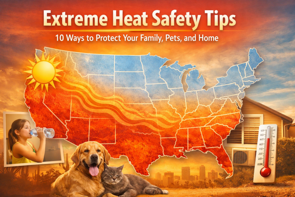 Extreme Heat Safety Tips map of the United States showing a heat wave from California across the South