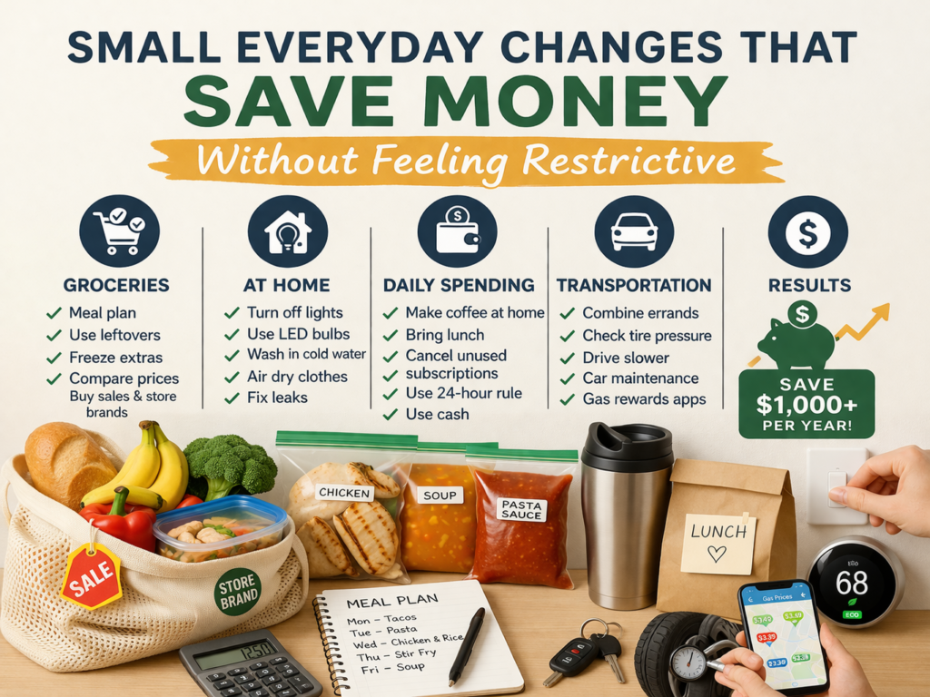 Small everyday changes that save money list including groceries utilities transportation and daily spending