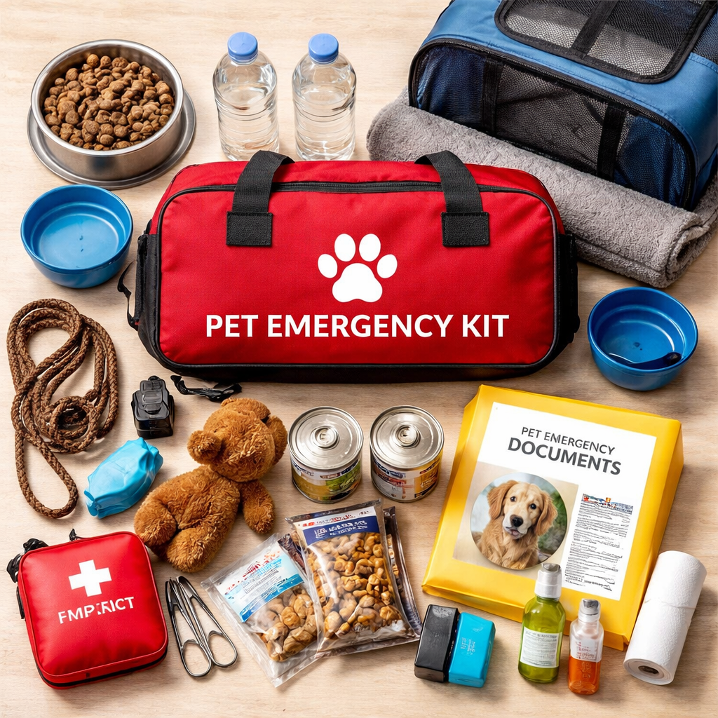 emergency kit for pets supplies including pet food water leash blanket carrier and pet documents