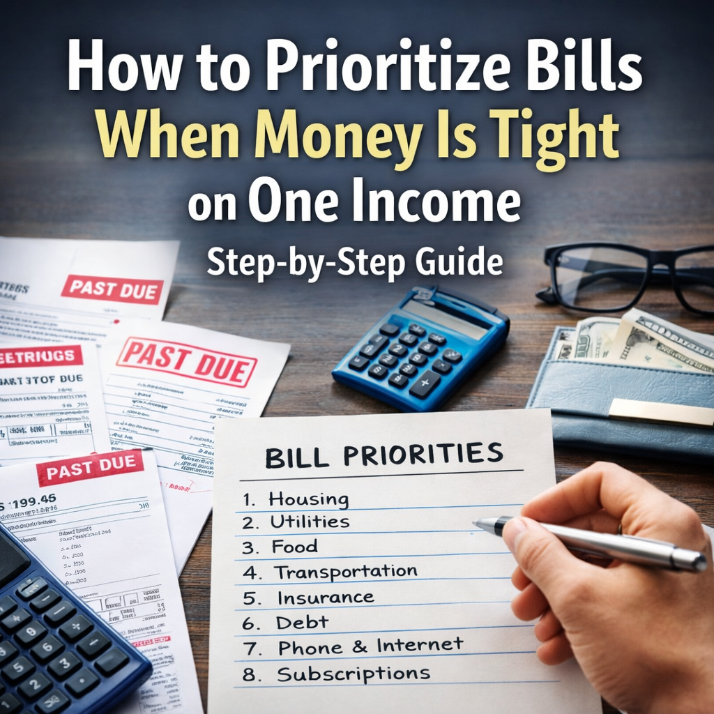 Prioritize bills when money is tight budgeting list and household bills on table