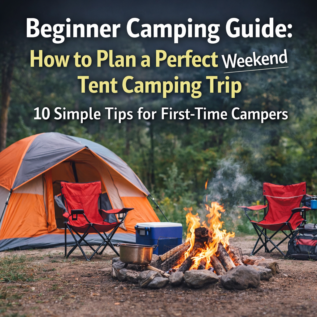Beginner camping guide tent camping setup with tent campfire chairs and cooler at campsite