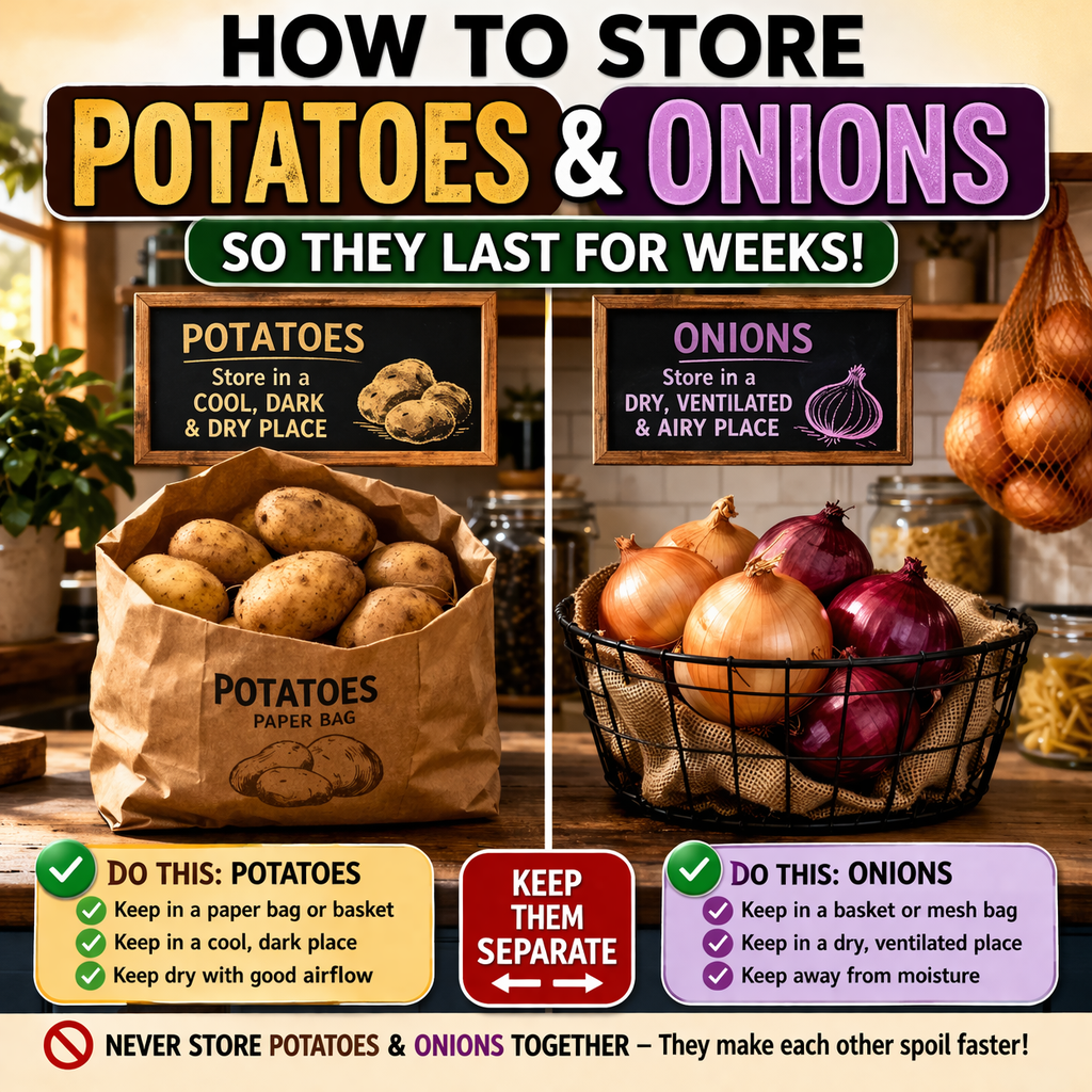 store potatoes and onions properly in pantry separate containers