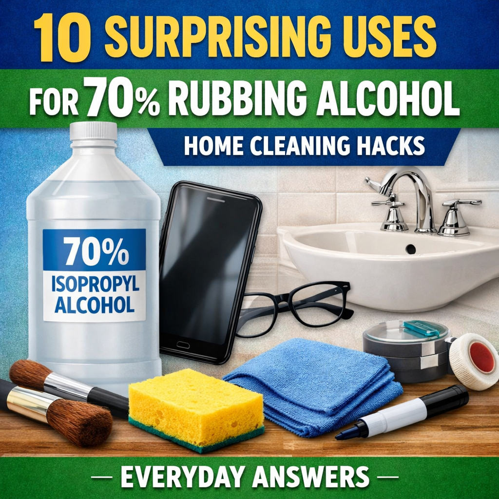 70% rubbing alcohol uses around the home cleaning infographic