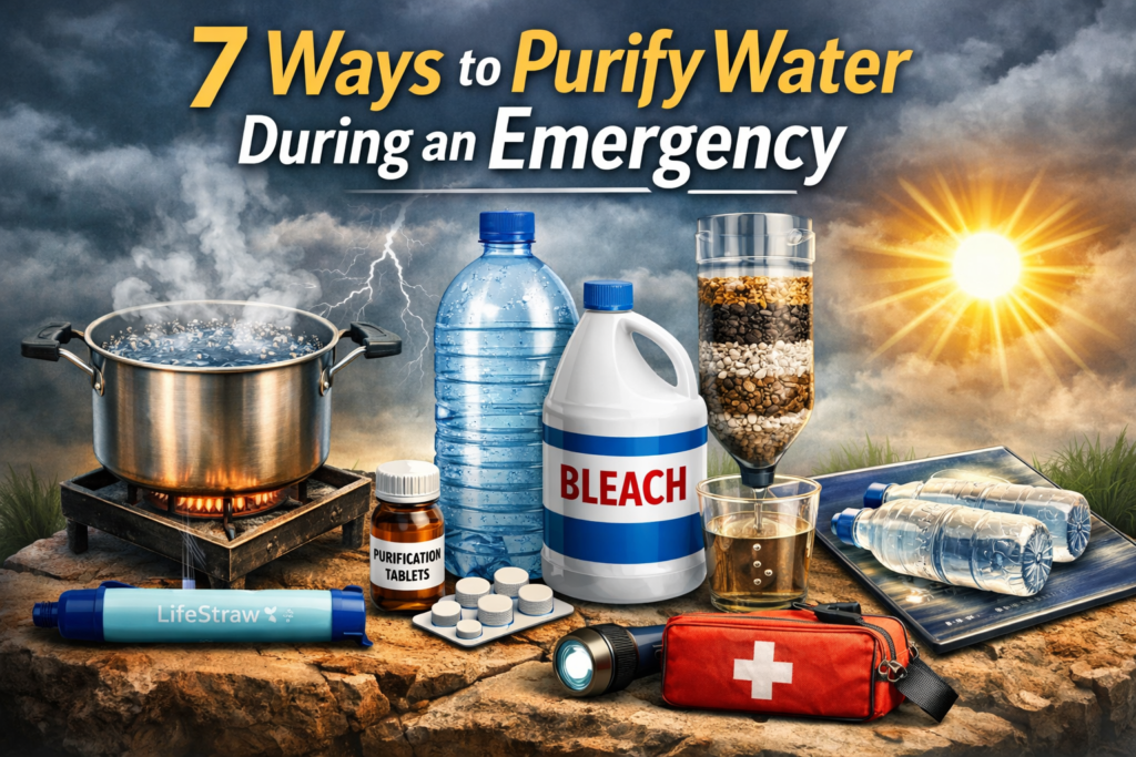 7 ways to purify water during an emergency including boiling water, bleach treatment, filtration, purification tablets and solar disinfection