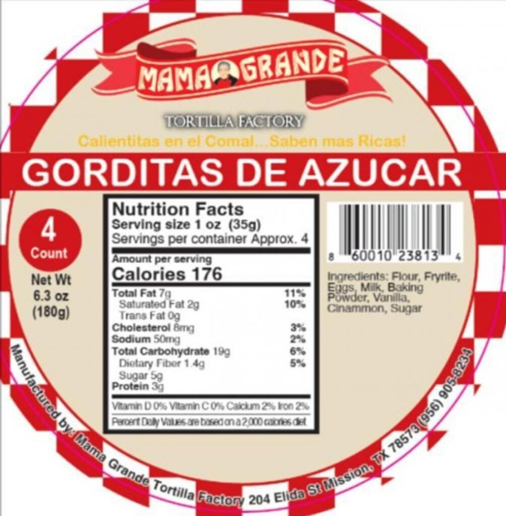 Mama Grande tortilla recall 2026 affecting Gorditas de Azucar and Doraditas de Azucar due to undeclared wheat and soy