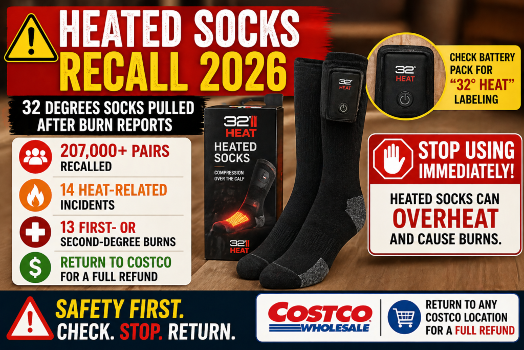 Heated Socks Recall 2026 32 Degrees heated socks burn hazard recall alert Costco refund instructions