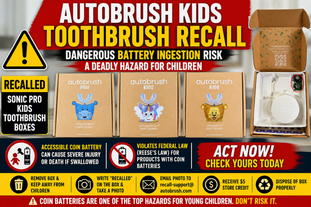 Autobrush Kids Toothbrush Recall 2026 warning graphic showing recalled Sonic Pro kids toothbrush boxes and battery ingestion hazard