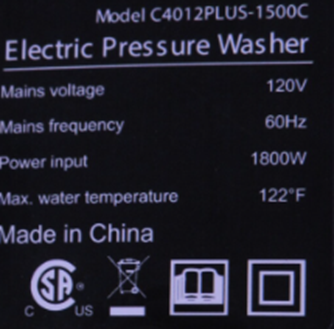 BAYOTAK pressure washer label showing voltage and specifications recall affected unit