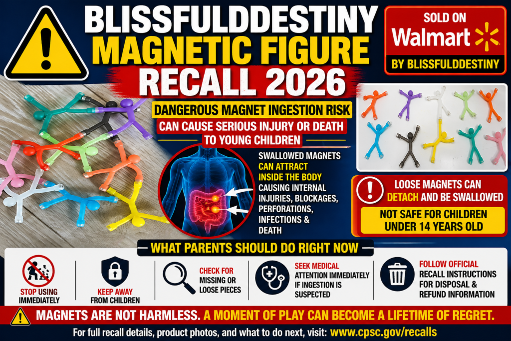 BlissfulDestiny Magnetic Figure Recall 2026 warning graphic showing recalled magnetic stick figure toy set magnet ingestion hazard for children