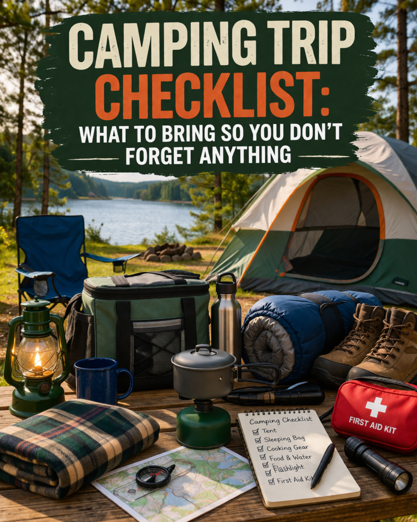 Camping Trip Checklist image showing essential camping gear including tent, cooler, sleeping bag, cooking equipment, and first aid kit by a lakeside campsite