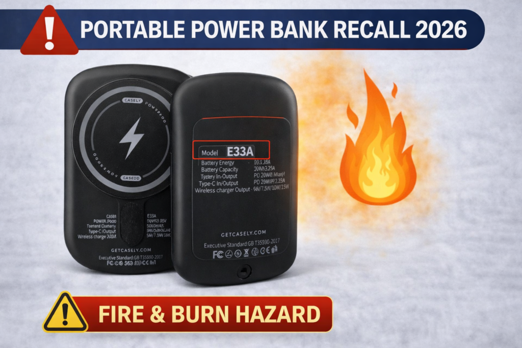 portable power bank recall 2026 Casely E33A charger fire and burn hazard warning