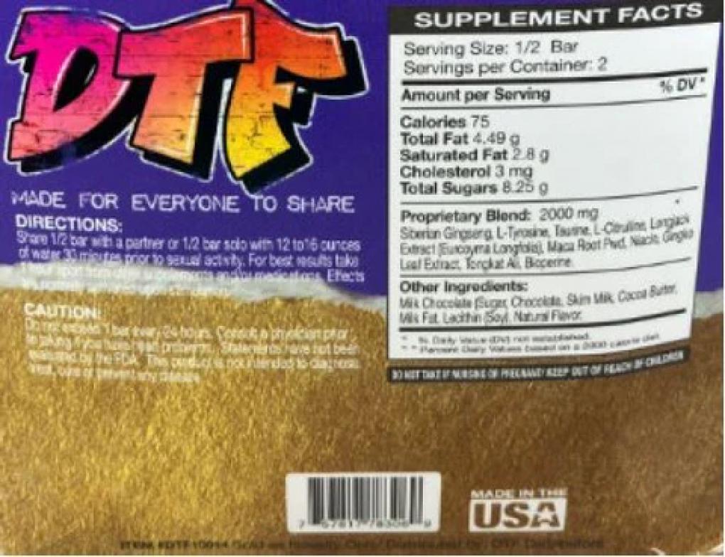 DTF Sexual Chocolate Recall 2026 FDA warning image with product and caution symbol