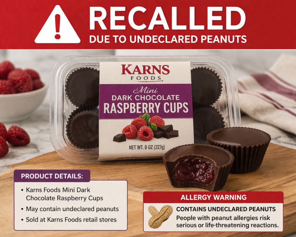 Dark Chocolate Raspberry Cups Recall 2026 undeclared peanuts allergy recall