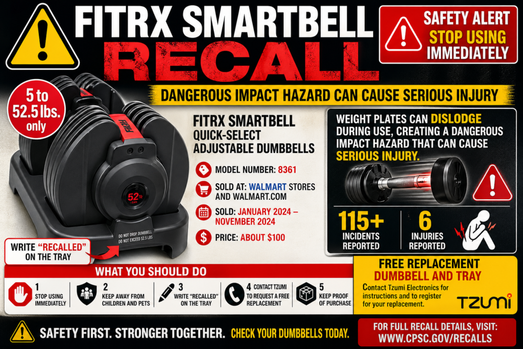 FitRx SmartBell Recall 2026 warning graphic showing recalled adjustable dumbbell impact hazard injury risk sold at Walmart