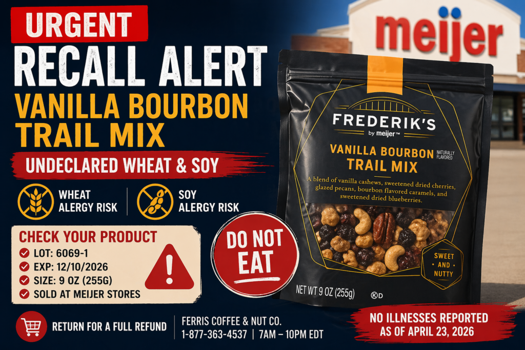 Frederik’s by Meijer Vanilla Bourbon Trail Mix recall 2026 product packaging undeclared wheat soy FDA alert