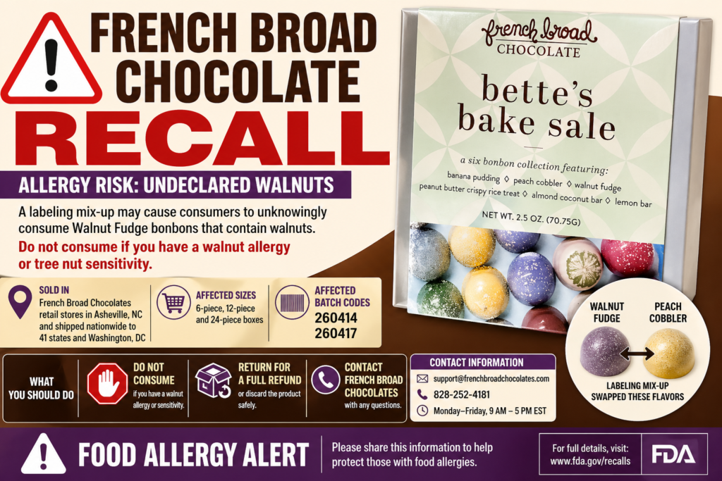 French Broad Chocolate Recall 2026 warning graphic showing Bette’s Bake Sale Bonbons recalled for undeclared walnut allergy risk