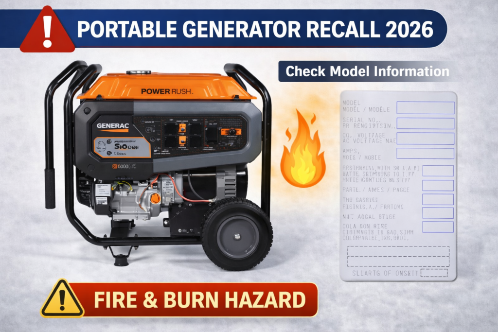 portable generator recall 2026 Generac generator fire and burn hazard warning