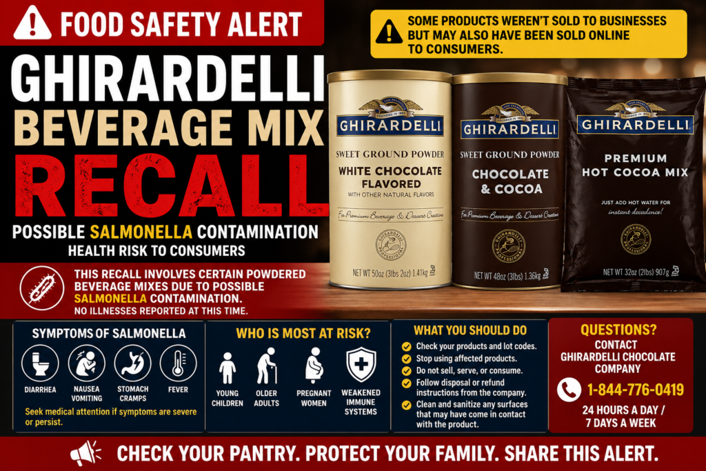 Ghirardelli Beverage Mix Recall 2026 warning graphic showing recalled powdered beverage mixes for possible Salmonella contamination