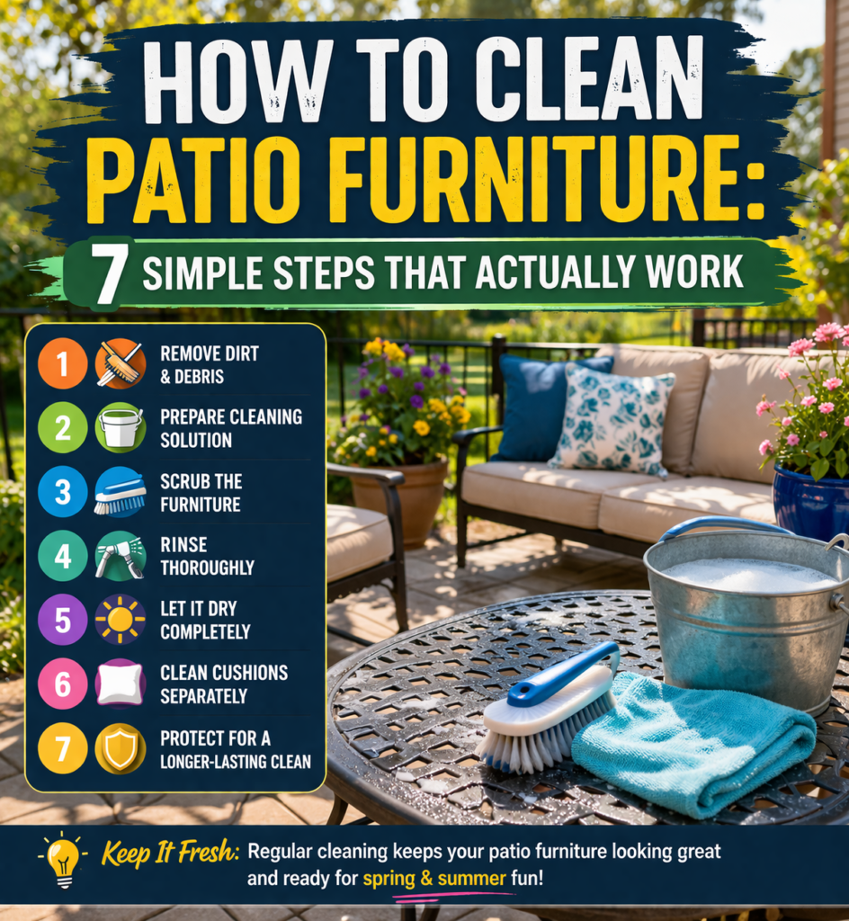 How to Clean Patio Furniture image showing outdoor table, brush, bucket, and clean patio setup with 7 simple steps that actually work