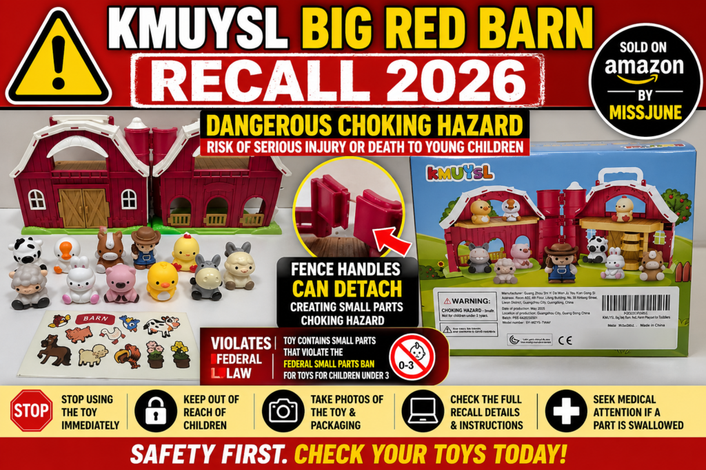 KMUYSL Big Red Barn Recall 2026 warning graphic showing recalled farm animal playset choking hazard for children