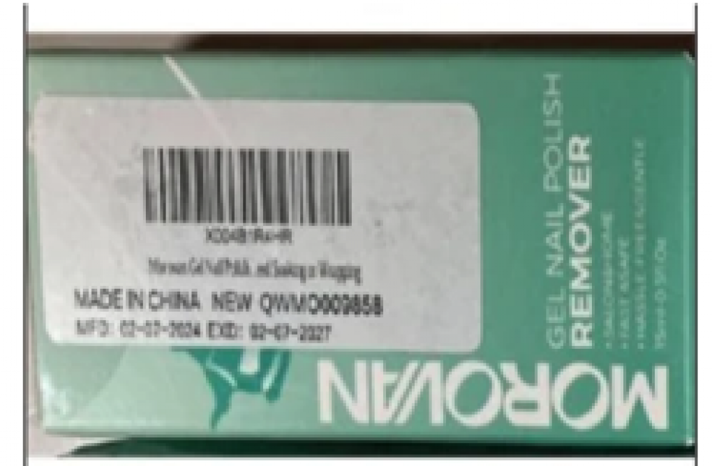 Morovan Nail Polish Remover Recall 2026 turquoise bottle green box FDA recall image