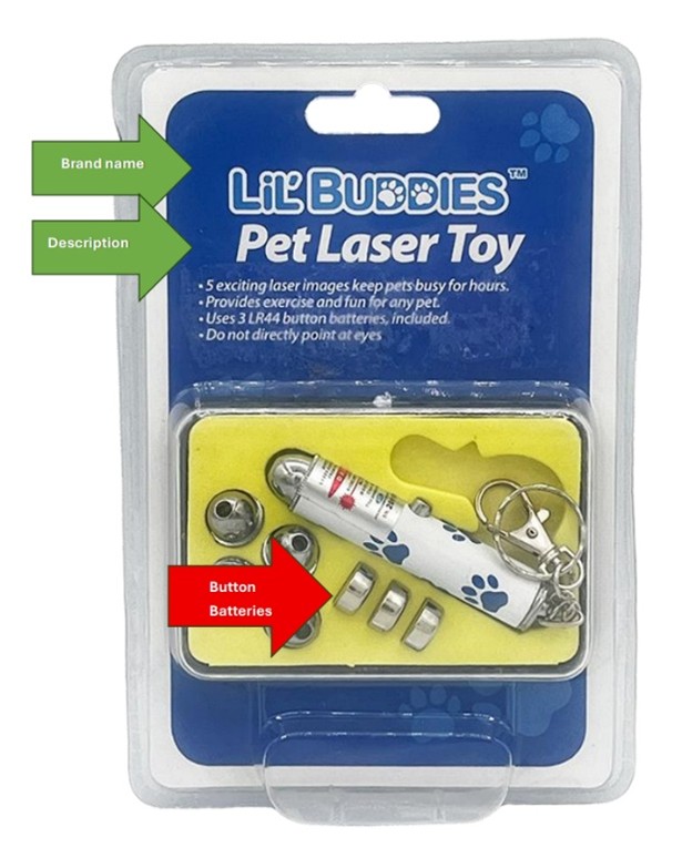 pet laser toy recall lil buddies toy front packaging button battery hazard