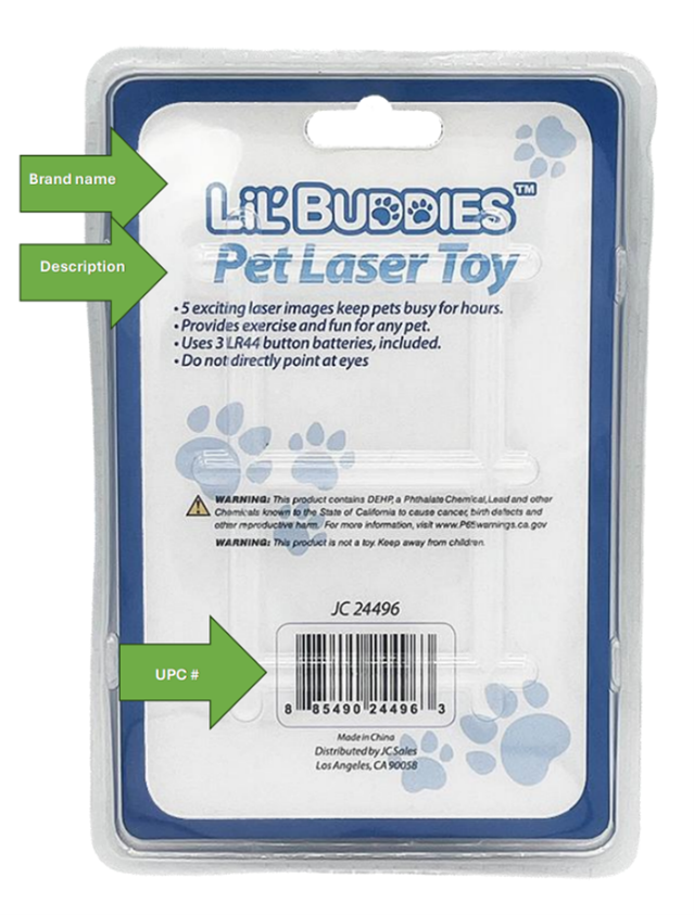 recalled pet laser toy back packaging model number battery compartment hazard