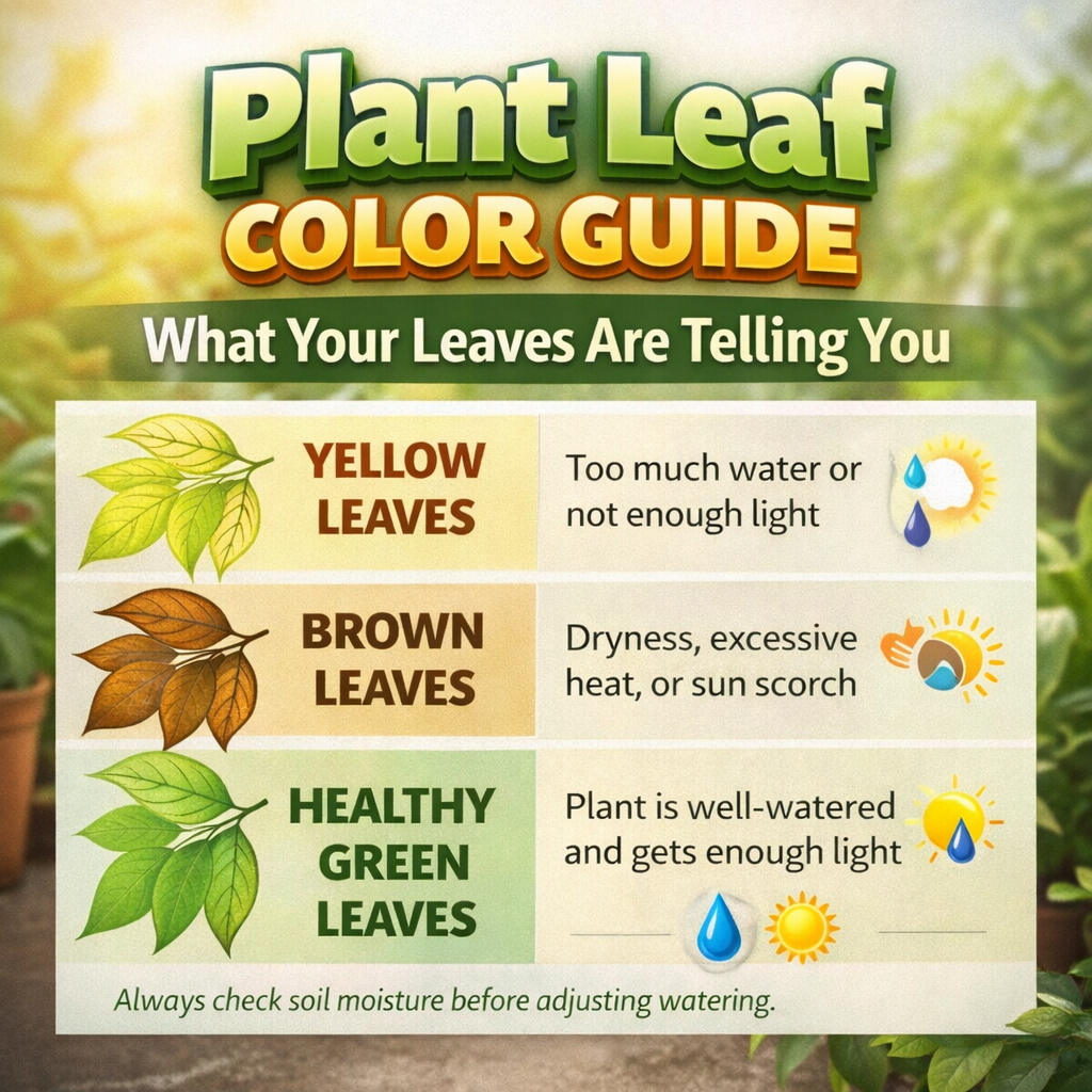 plant leaf color meaning guide showing yellow brown and green leaves with causes and solutions