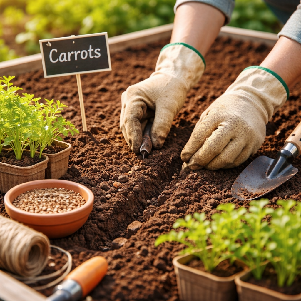 carrots growing in soil with green tops visible fresh harvest garden spring natural backyard