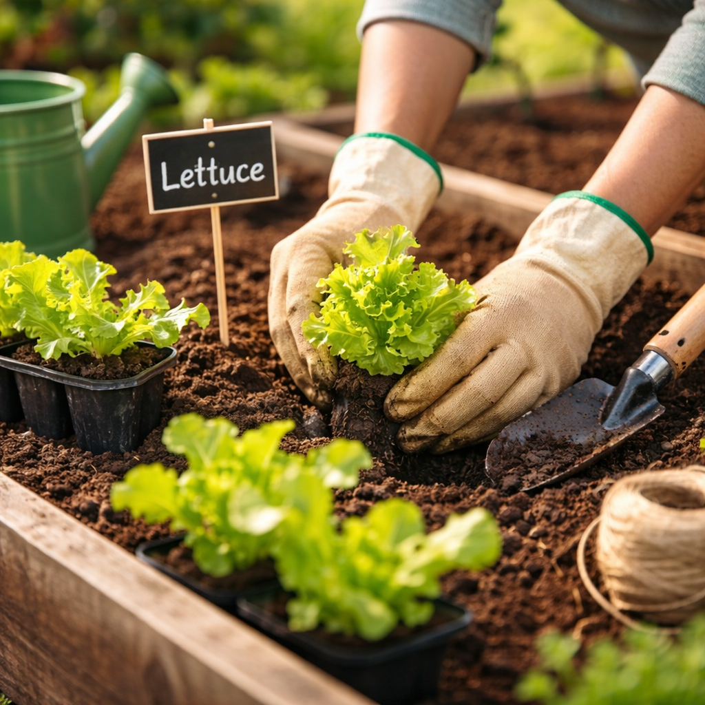 fresh lettuce growing in garden bed early spring sunlight healthy green leaves natural soil backyard gardening