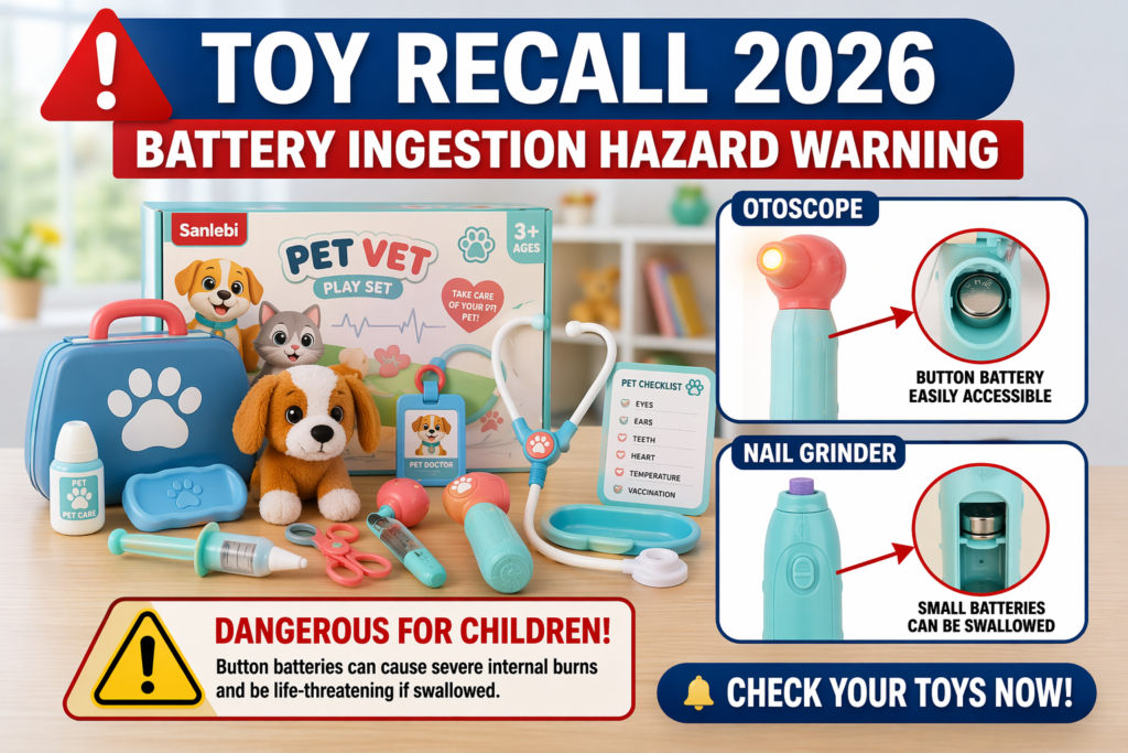 toy recall 2026 Sanlebi pet vet playset battery ingestion hazard children toy