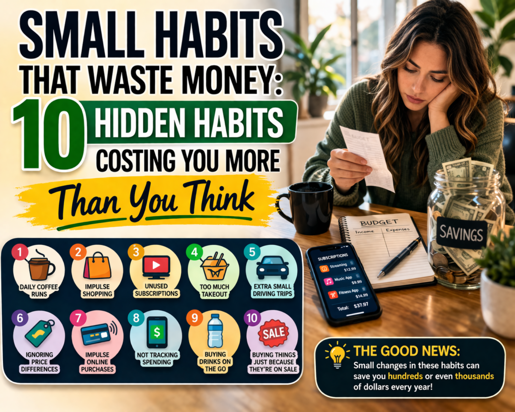 small habits that waste money image showing person reviewing expenses with receipts and title