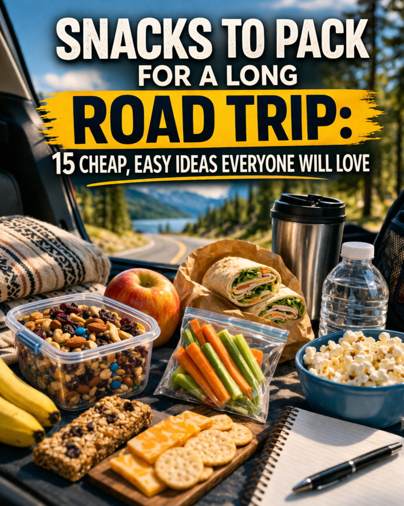 Snacks to pack for a long road trip including fruit, chips, sandwiches, and drinks organized for travel