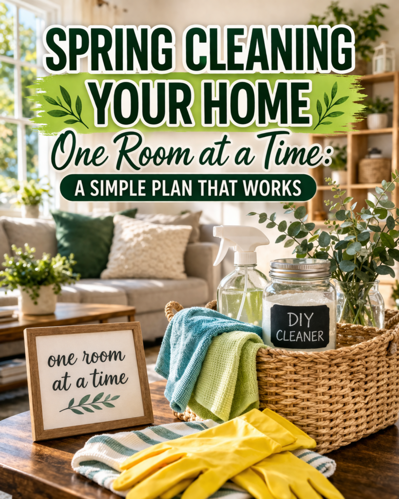 Spring cleaning your home one room at a time with organized cleaning supplies and a clean living space