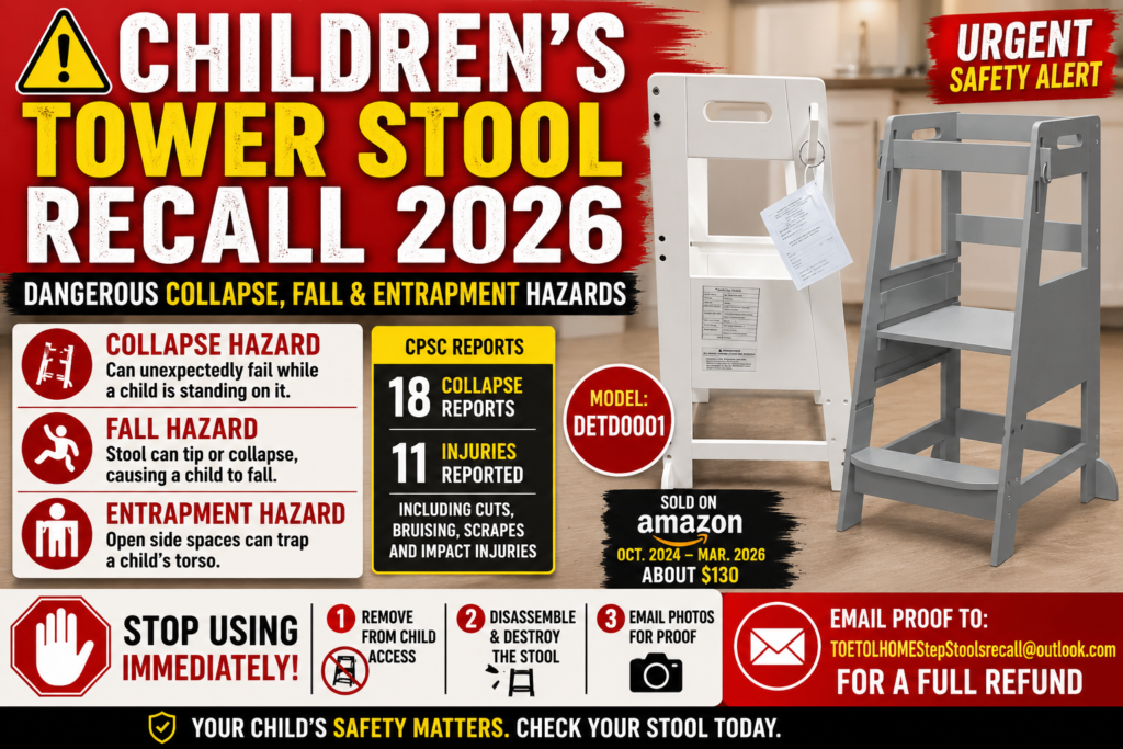 Children’s Tower Stool Recall 2026 TOETOL HOME child safety alert for collapse fall and entrapment hazards