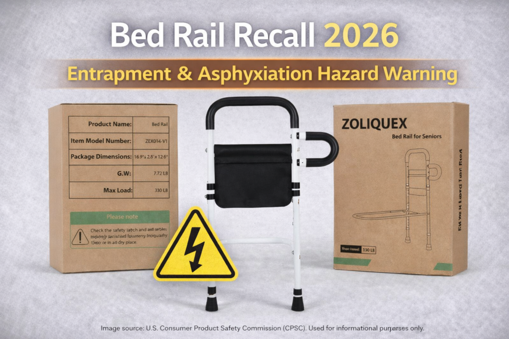 bed rail recall 2026 ZOLIQUEX portable bed rail entrapment and asphyxiation hazard