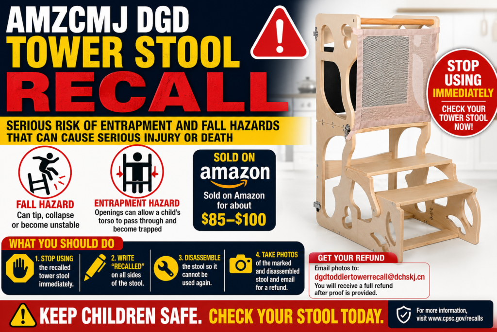AMZCMJ DGD Tower Stool Recall 2026 warning graphic showing recalled children’s helper stool with dangerous entrapment and fall hazards sold on Amazon