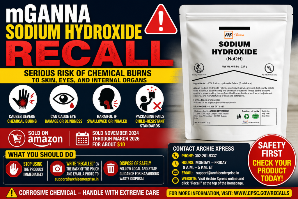 mGanna Sodium Hydroxide Recall 2026 warning graphic showing recalled sodium hydroxide pellet bag chemical burn hazard sold on Amazon