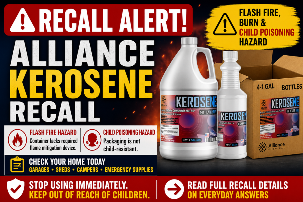 Alliance Kerosene Recall 2026 warning graphic showing recalled 1-K Heater Fluid containers due to flash fire burn and child poisoning hazards