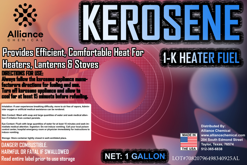 Alliance Chemical 1-K Kerosene Heater Fluid label image showing recalled portable fuel container safety warning information