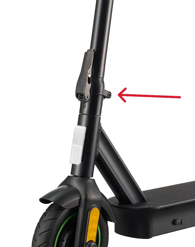 Close-up of folding mechanism screw area on recalled Acer electric scooter involved in Electric Scooter Recall 2026