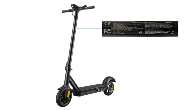 Acer AES015 folding electric scooter showing recalled model label location involved in Electric Scooter Recall 2026