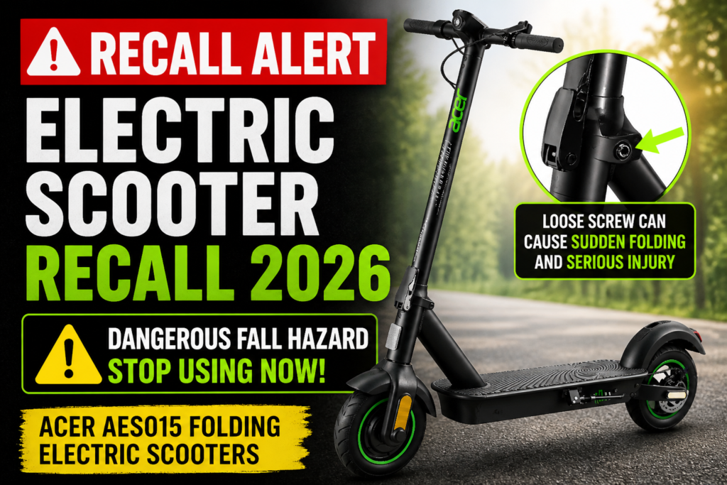 Electric Scooter Recall 2026 warning graphic showing recalled Acer AES015 folding electric scooter due to dangerous fall hazard